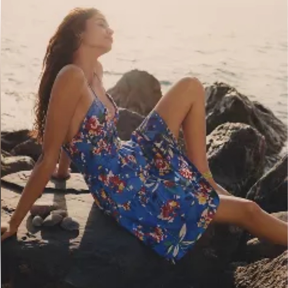NWT Anthropologie Blue Floral Halter Dress, Medium